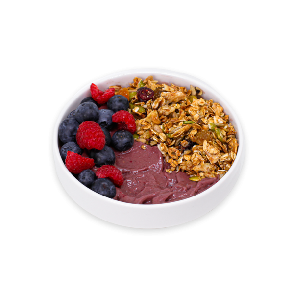 Acai Bowl with berries and granola in a white bowl