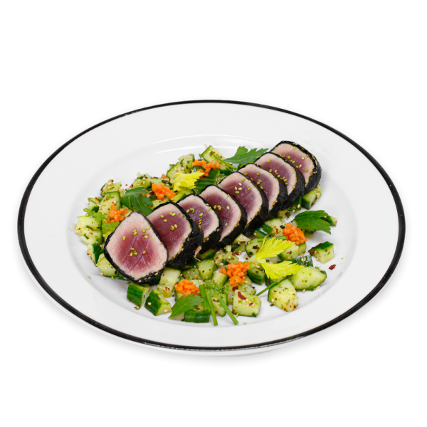 Nori Tuna with Cucumbers on a white plate