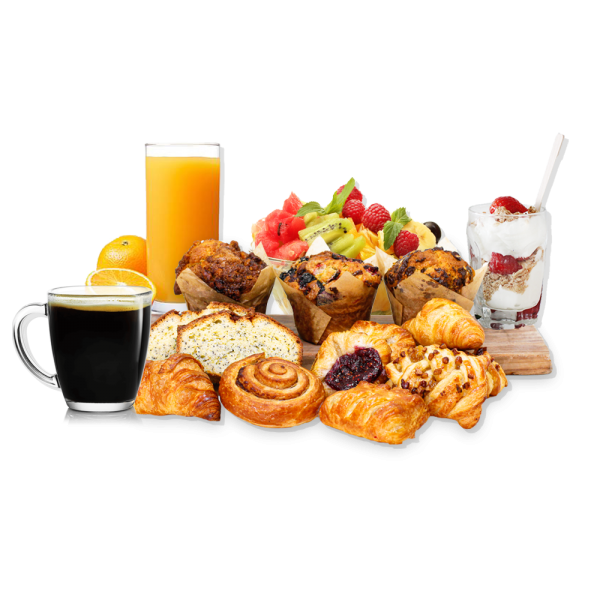 pastries, orange juice, parfait, coffee on a board